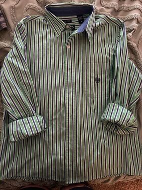 Chaps Green and Blue Striped Button-Down Shirt